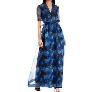 NWT JULIA JORDAN Blue Floral Sheer Short Sleeve Tie Waist Maxi Dress Size 8